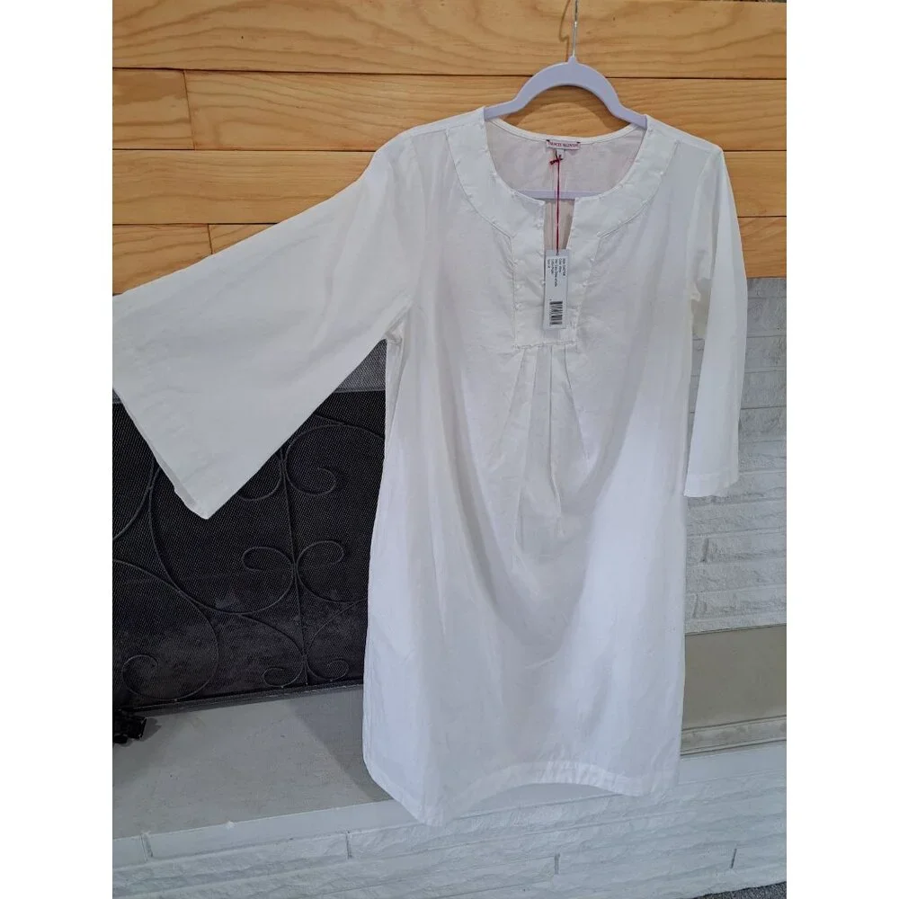 New Frances Valentine White Cotton Poplin Easy Dress  Nubs Lagenlook Pockets M - Picture 2 of 16